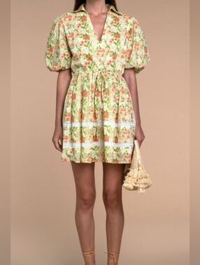 Olivia James Label Daphne Cotton Puff Sleeve Floral Spring Dress Crochet Lace XS